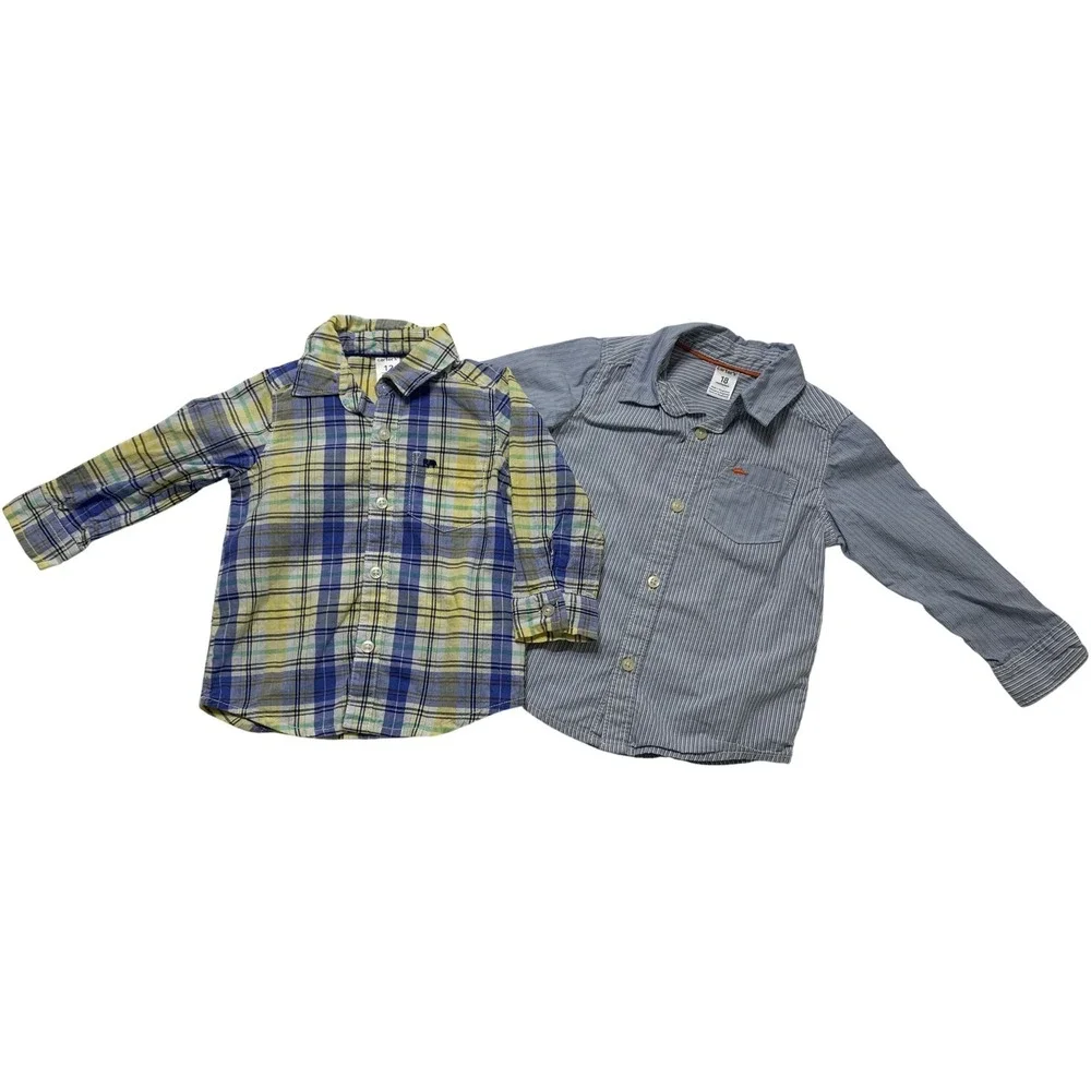 Carters Toddler Button Down Shirts Lot of 2 Plaid Striped 12M 18M Blue Yellow